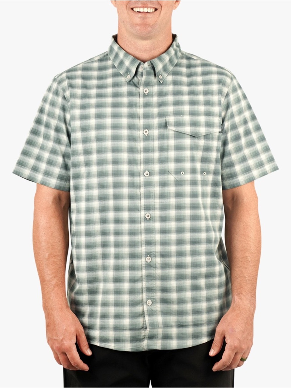 NWT AFTCO Portside Tech Short Sleeve Button Down size Large in Jade Dust